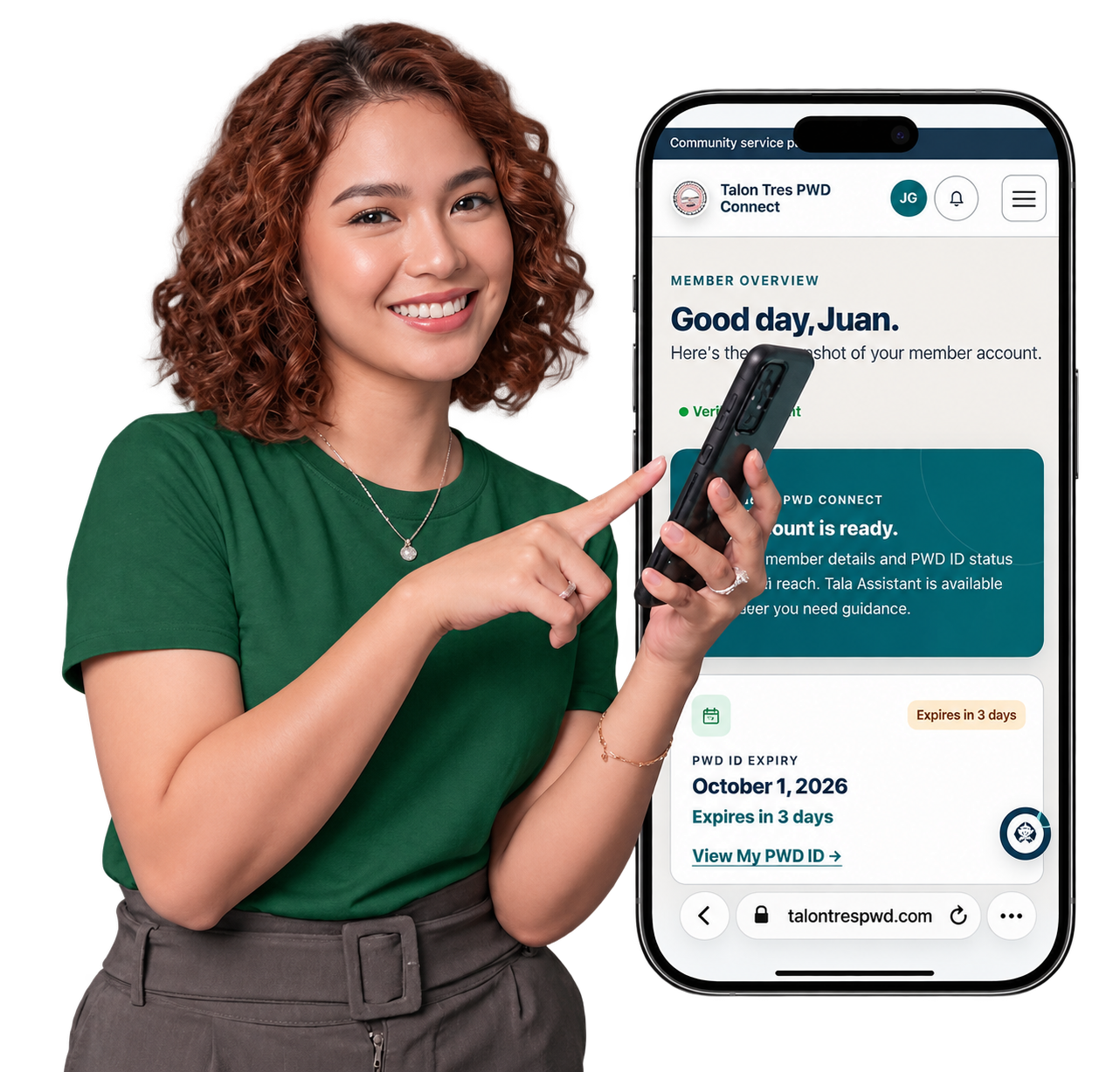A smiling woman pointing to the Talon Tres PWD Connect member portal on a phone